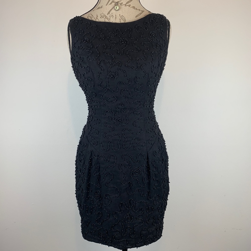 Carmen Marc Valvo Black Beaded Cocktail Dress Sz 8
